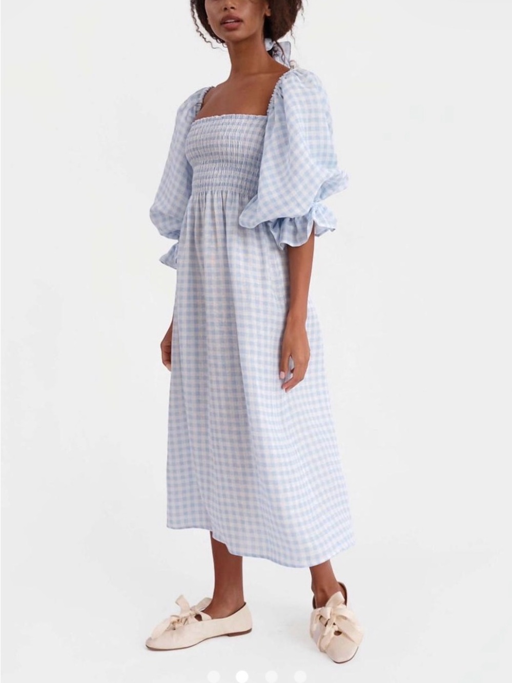 Sleeper Light Blue Gingham Smocked Puff-Sleeve Midi Dress
